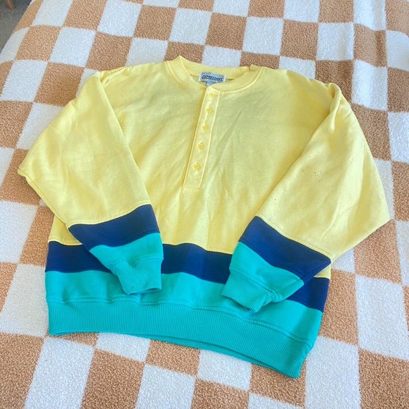 EXPRESSIONS RETRO CREWNECK BUTTON UP SWEATER YELLOW BLUE GREEN - Picture 3 of 7